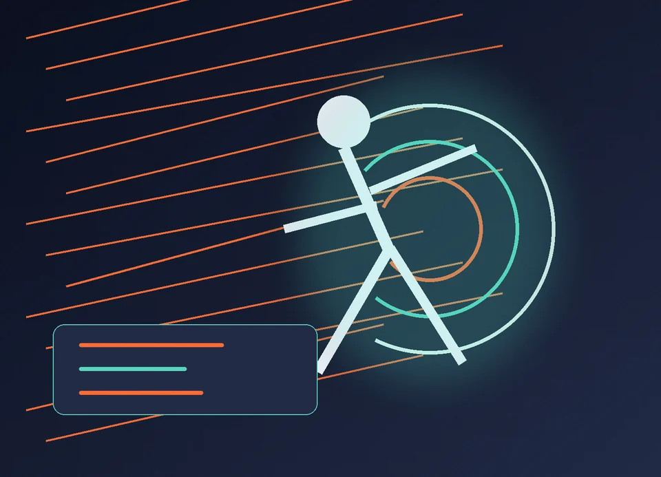 Abstract performance scene with a moving figure, energy rings and speed lines